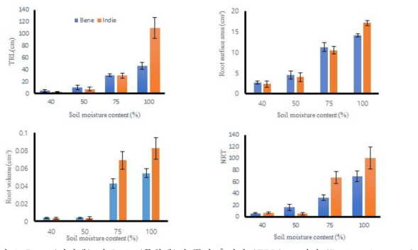 Bene (파랑색) 과 Indie (주황색)의 뿌리 총길이 (TRL), 표면적 (Root surface area), 부피 (Root volume), 뿌리 수 (NRT) 결과
