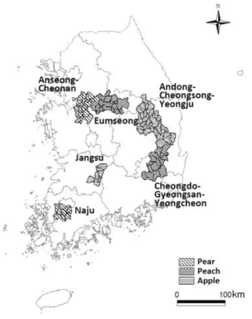 연구대상지역. 주산지를 대상으로 인접한 시·군은 하나의 영역으로 통합