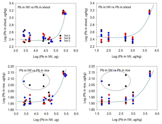 관개수 내 납 처리 농도와 볏짚, 백미 내 축적 농도 간 상관관계