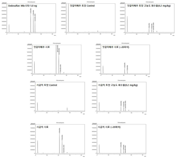 GC-ECD로 분석된 endosulfan 이성질체 및 대사산물의 대표 크로마토그램