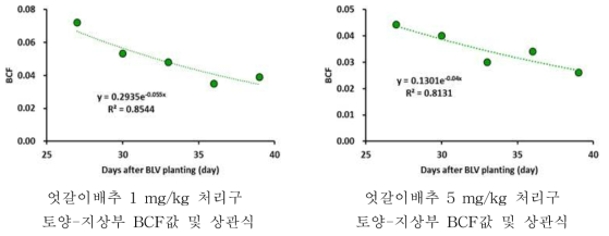 엇갈이배추 토양-지상부 BCF값 및 상관식 그래프