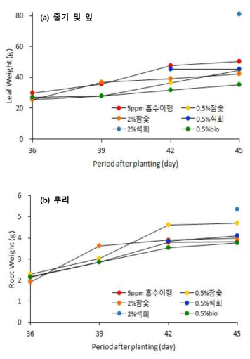 저감화제 처리 토양 중 시금치 지상부 및 지하부 무게 변화