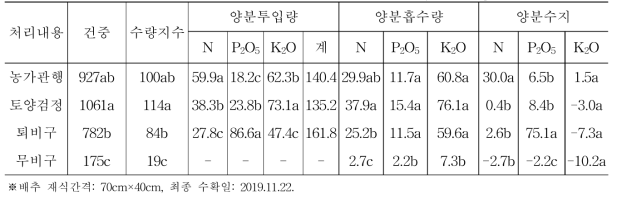 양분투입 활동에 따른 배추 수량 및 양분수지 (2019년도, 단위: kg/10a)