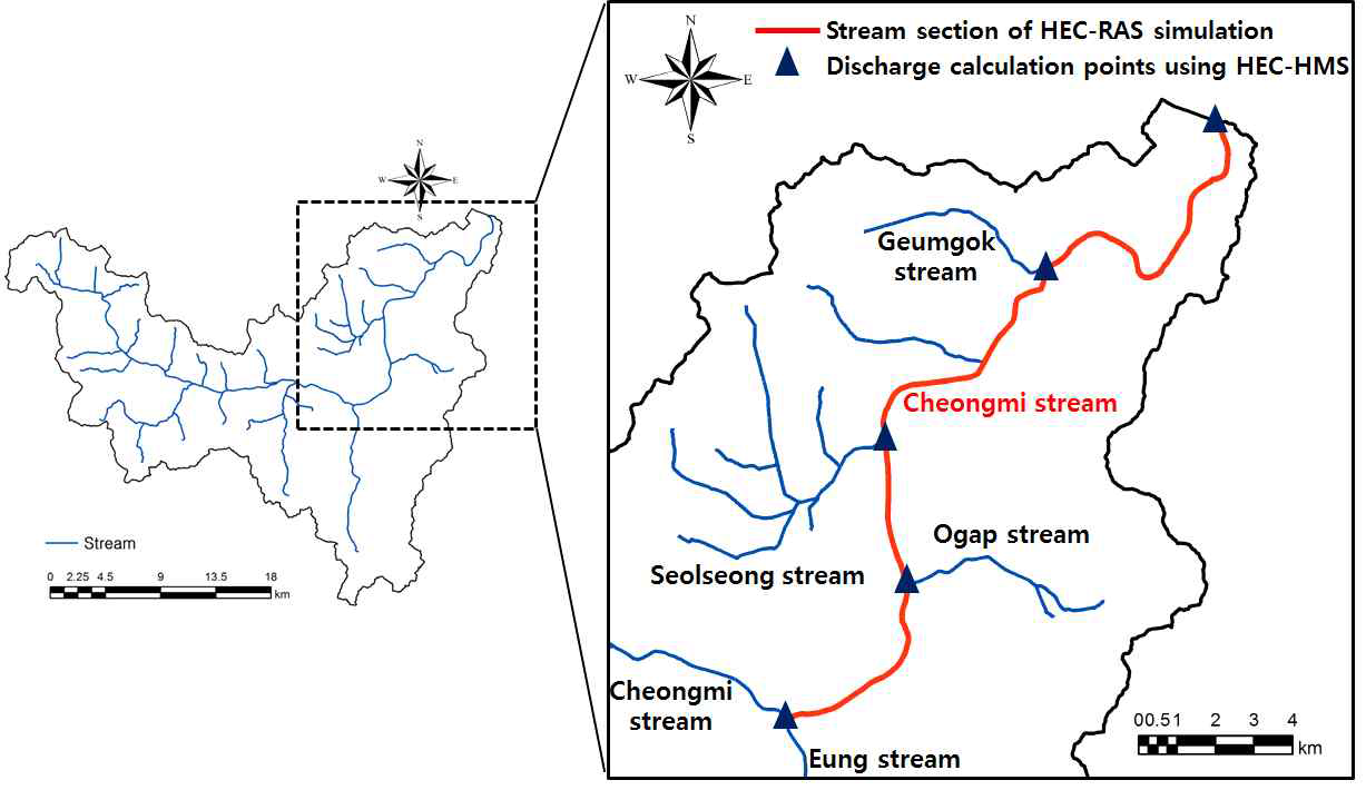HEC-RAS 2D 모의 구간 및 홍수량 산정 지점 (청미천)