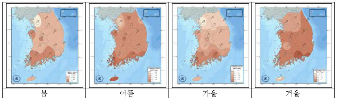 계절별 수평면 전일사량 분포도 (한국에너지기술연구원, ‘15)