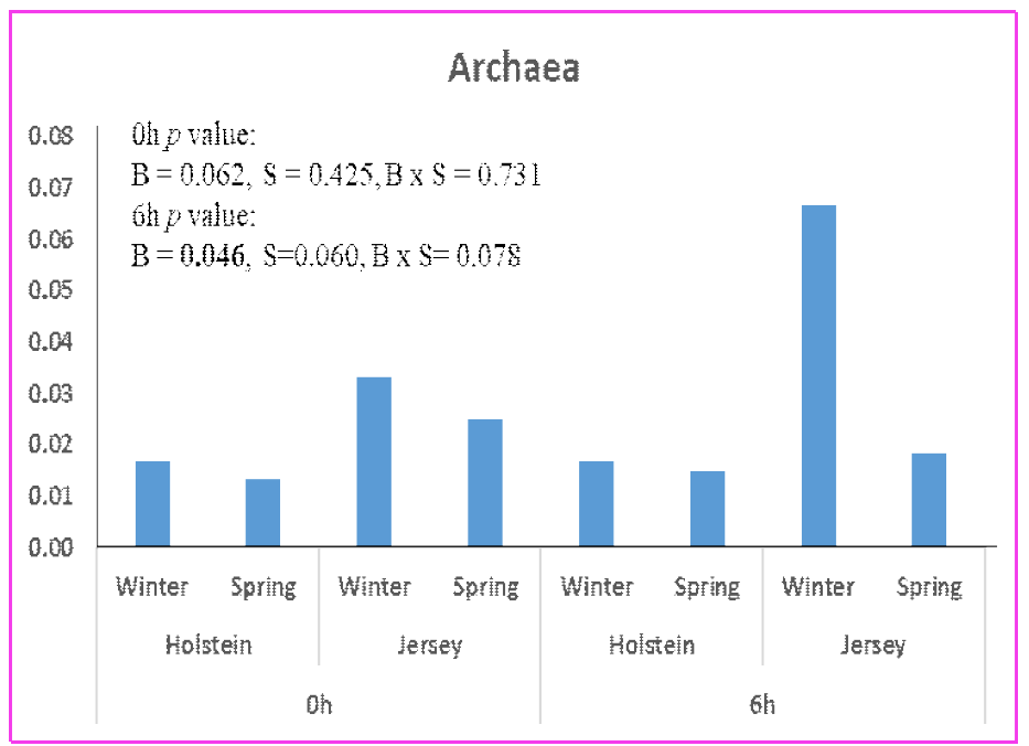 Kingdom level에서 계절(S) 및 품종간의(B) archaea의 비교