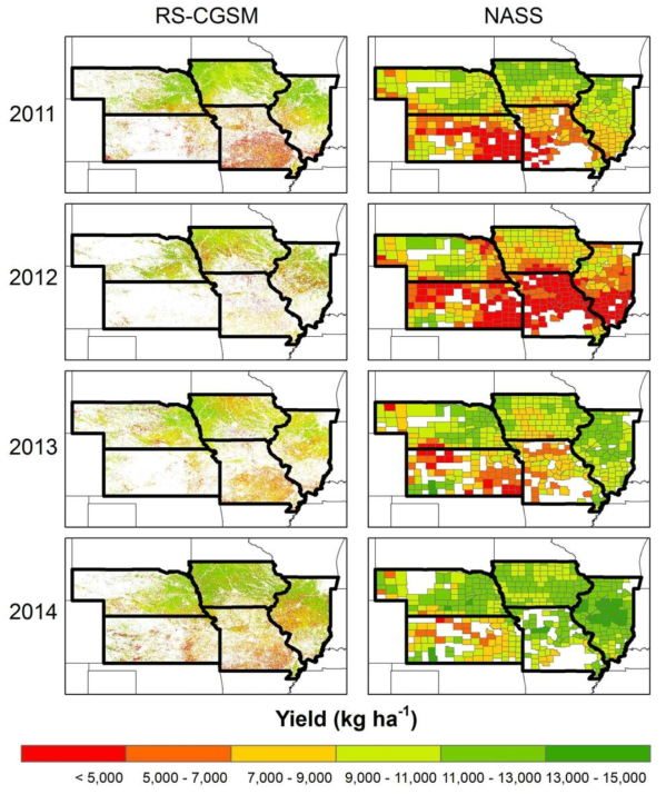 2011 – 2014 년도 작물모형 인공위성 연계 시스템으로 추정된 옥수수 수량 및 미국 통계 수량 지도