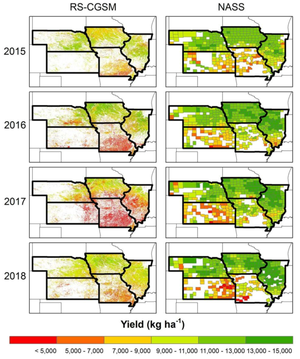 2015 – 2018 년도 작물 모형 인공위성 연계 시스템으로 추정된 옥수수 수량 및 미국 카운티 별 통계 수량 지도