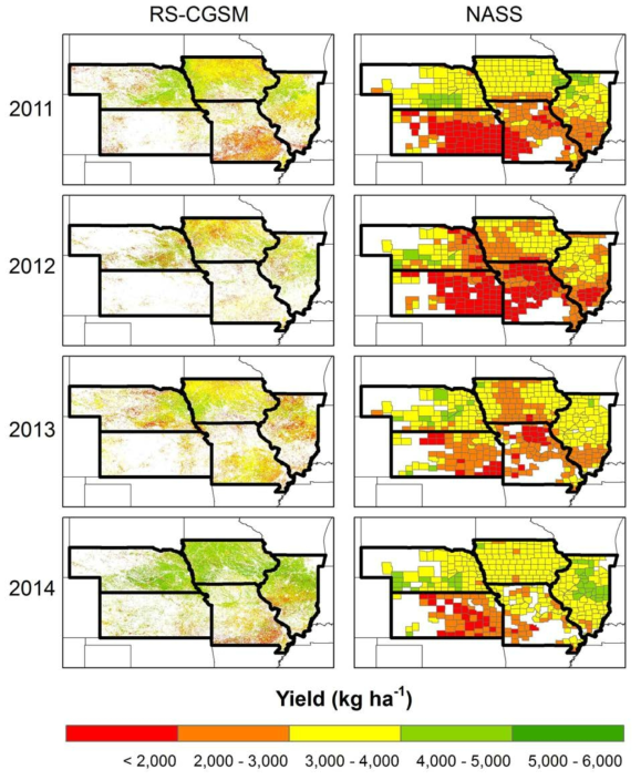 2011 – 2014 년도 작물 모형 인공위성 연계 시스템으로 추정된 콩 수량 및 미국 카운티 통계 수량 지도