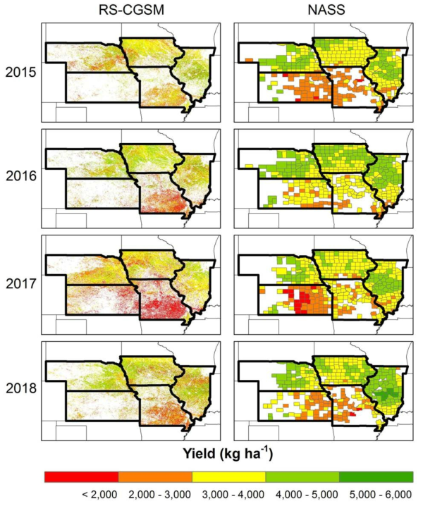 2015 – 2018 년도 작물 모형 인공위성 연계 시스템으로 추정된 콩 수량 및 미국 카운티 통계 수량 지도