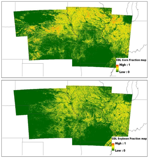 2018년 USDA CDL 자료로부터 산출한 1km 공간해상도의 콩과 옥수수 비율지도 (Fraction) 결과 삽입