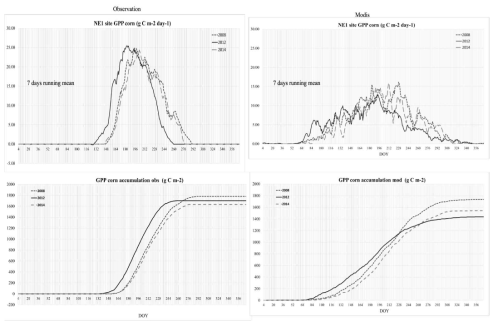 2008, 2012 및 2014년 7일-이동 평균 및 적산된 GPPobs(왼쪽 그림)와 GPPmod (오른쪽 그림). (Ne1 옥수수 관측지, Mead, Nebraska, USA)