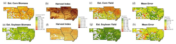 2017년 미국 사례 연구지역에 대한 옥수수(상단)와 콩(하단)의 건중량[(a)와 (e)], 수확지수[(b)와 (f)], 수확량[(c)와 (g)], 수확량 오차[(d)와 (h)]. 7월 말 기준(DOY 212일)의 참조 건중량으로부터 수확지수 추정하여 이용함