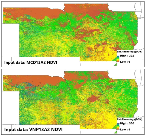 이중 로지스틱 곡선 접합을 기반으로 추정된 작물 생육시기 지도: MODIS (위)와 VIIRS (아래) 위성자료를 각각 사용하여 추정된 2018년 옥수수 발아일 지도 결과
