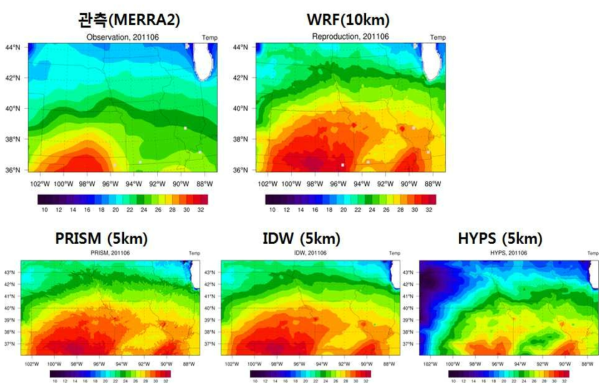 통계적 규모축소법을 이용하여 생산한 미국 중부 콘벨트 지역 (5km 공간해상도)의 기상 예측 자료 결과 비교 (예시: 2011년 6월 평균기온)