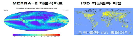 통계적 상세화에 사용된 전지구 MERRA-2 재분석 자료 (왼쪽)와 통계적 기법 비교에 사용된 ISD　관측 자료 (오른쪽)