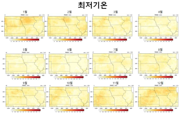 최저기온에 대한 통계적 상세화된 관측자료 검증 (RMSE)