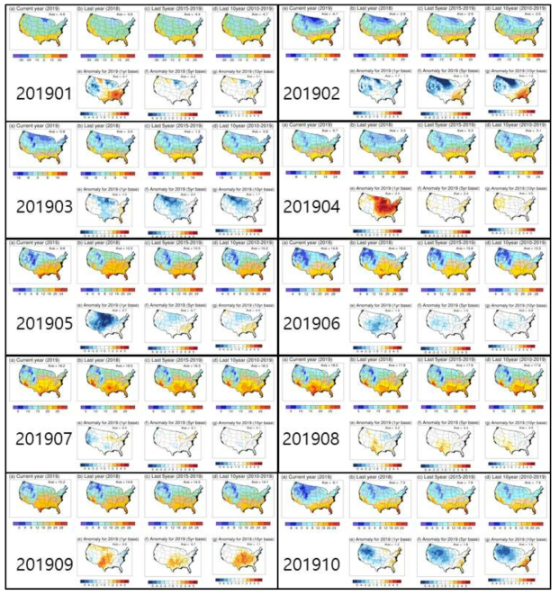 미국 전지역(해상도 50km)의 올해 최저기온 분포도 및 작년, 최근 5년 평균, 최근 10년 평균 대비 변화량 (분석 기간: 2019년 1월~10월)