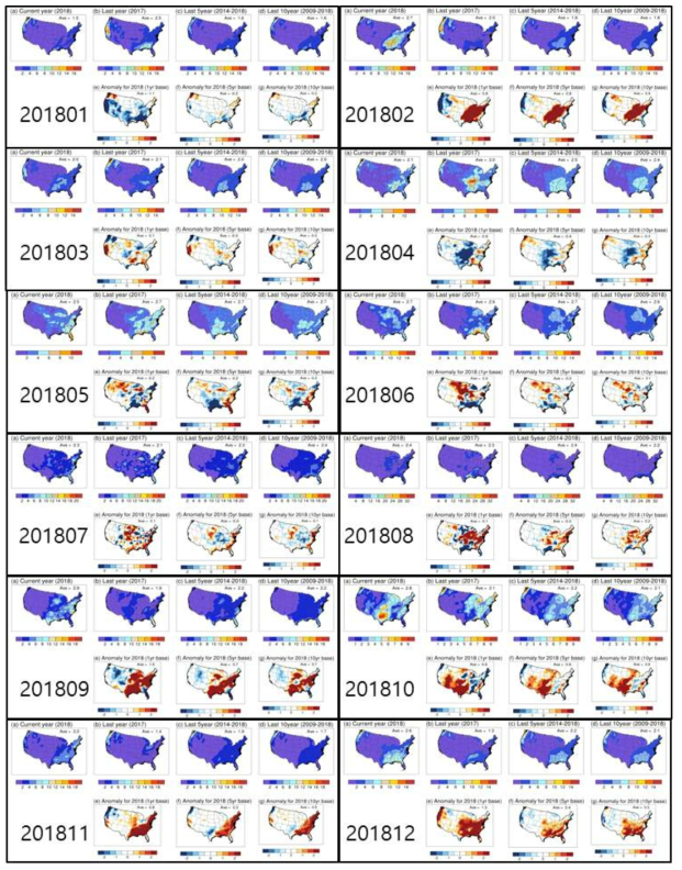 미국 전지역(해상도 50km)의 올해 강수량 분포도 및 작년, 최근 5년 평균, 최근 10년 평균 대비 변화량 (분석기간: 2018년 1월~12월)