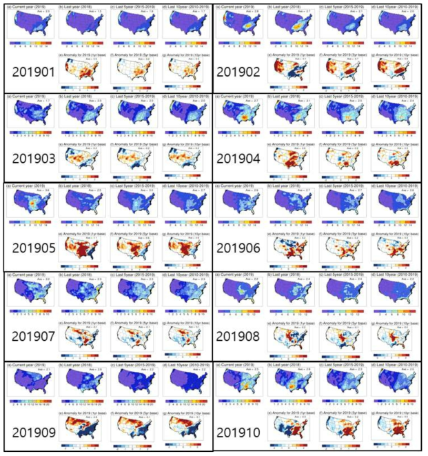 미국 전지역(해상도 50km)의 올해 강수량 분포도 및 작년, 최근 5년 평균, 최근 10년 평균 대비 변화량 (분석기간: 2019년 1월~10월)