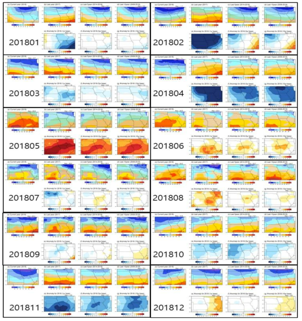 미국 콘벨트 지역(해상도 5km)의 올해 평균기온 분포도 및 작년, 최근 5년 평균, 최근 10년 평균 대비 변화량 (분석기간: 2018년 1월~12월)