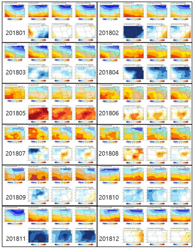 미국 콘벨트 지역(해상도 5km)의 올해 최고기온 분포도 및 작년, 최근 5년 평균, 최근 10년 평균 대비 변화량 (분석기간: 2018년 1월~12월)