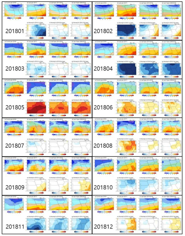 미국 콘벨트 지역(해상도 5km)의 올해 최저기온 분포도 및 작년, 최근 5년 평균, 최근 10년 평균 대비 변화량 (분석기간: 2018년 1월~12월)