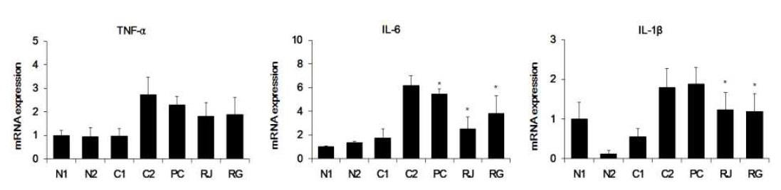 혈관 조직 내 염증 및 심혈관질환 사이토카인 유전자 발현 조절 평가 C57BL6/J:(N1)정상군 ApoE-/-:(C1),무처리, (C2)고콜레스테롤식이, (PC)atorvastatin, (RJ)제주무, (RG) 강화무