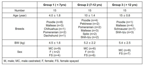 실험군 그룹별 나이, 성별, 품종, 체중