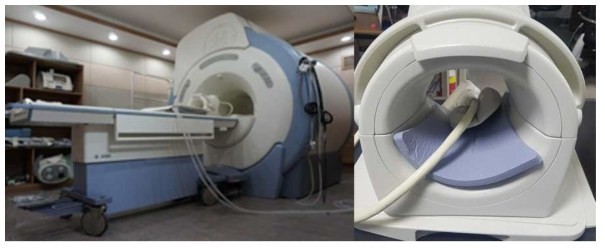 촬영에 사용된 MRI 장비 (좌), 16ch 무릎 코일의 모습 (우)