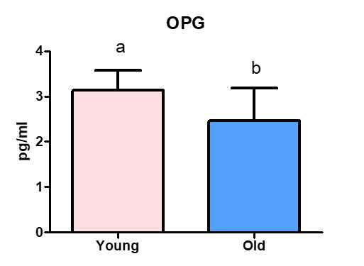 ELISA 분석을 통한 중형견에서의 연령에 따른 OPG 농도 비교 분석 결과. 그룹간에 유의적인 차이가 나는 경우, a,b 로 표기하였음 (p < 0.05)