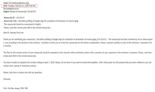 MicroRNA profiling of beagle dogs for evaluation of biomarkers of muscle aging 논문의 revision 제출요청 이메일 증빙자료 (2020년 2월 11일 수신)