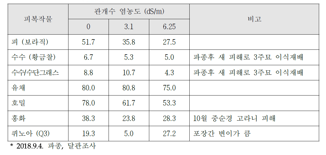 작물의 토지 피복율 조사 결과 (2018.11.1. 조사, 파종 58일 후)
