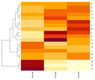 수집된 샘플별 유리당 함량을 나타낸 heat map (색이 진할수록 고함량)