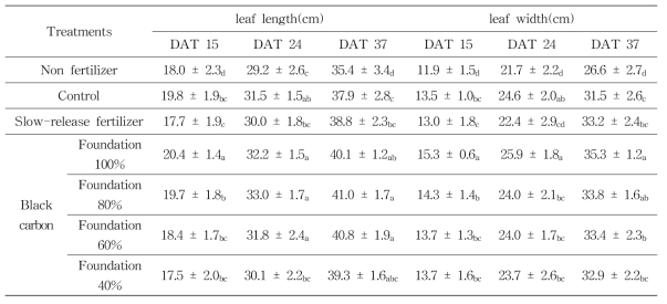 Effect of leaf length and width of cabbage to application of different modified supplemented black carbon granules according to application ratios of basal fertilizer