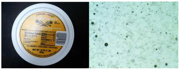 시드로 사용된 크림 꿀의 사진(좌)과 결정상태의 현미경 사진(×100)