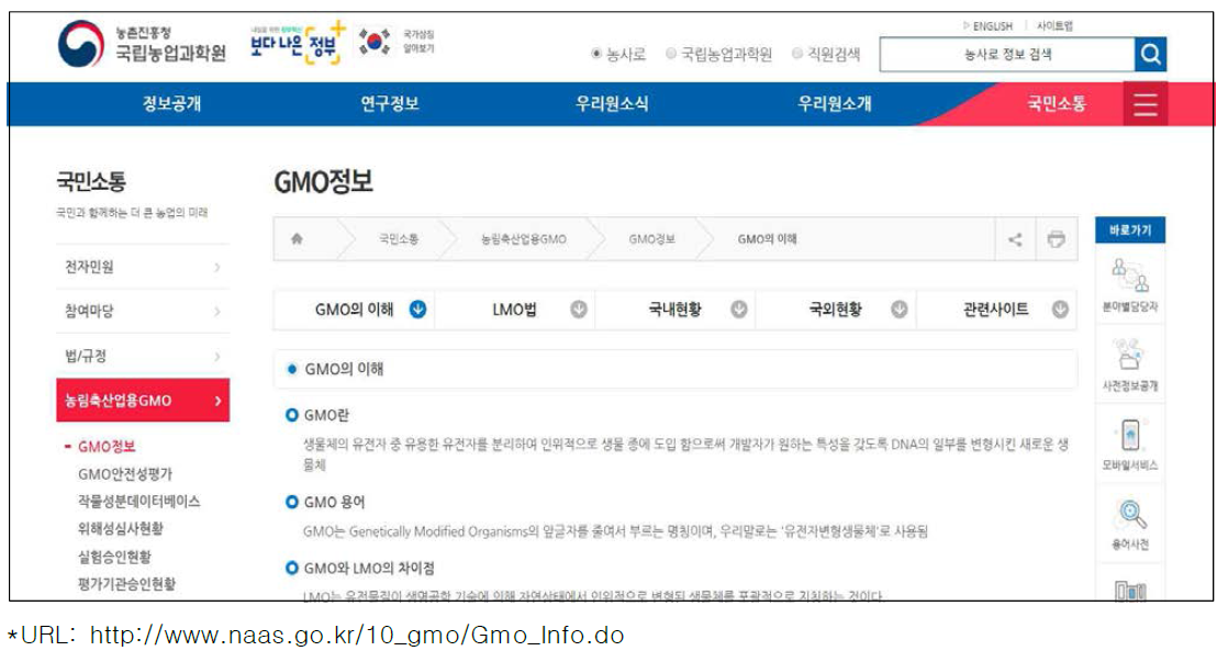 농촌진흥청 국립농업과학원 홈페이지의 “농림축산업용GMO” 메뉴