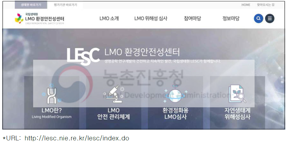 국립생태원 LMO 환경안전성센터(LESC) 홈페이지