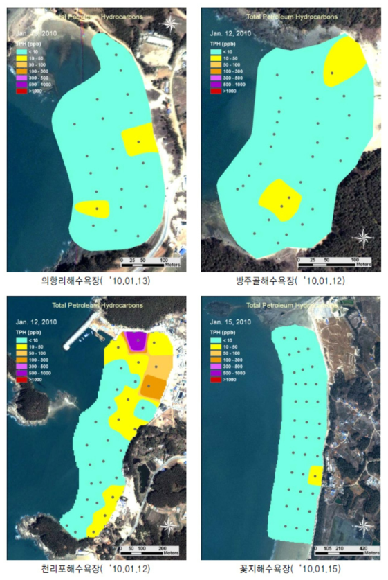 주요 해수욕장 퇴적물 공극수 내 유분분포(의항리, 방주골, 천리포, 꽃지해수욕장)