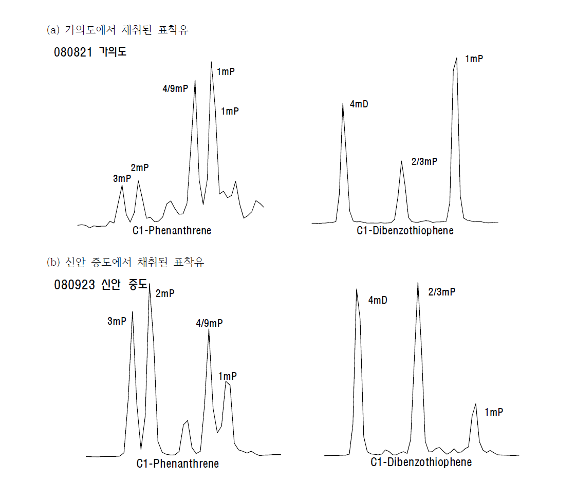 표착유 내 알킬치환된 페난스렌과 디벤조티오펜의 피크형태. (a) 2008년 8월 21일에 가의도에서 채취된 표착유 (b) 2008년 9월 23일에 신안 증도에서 채취된 표착유