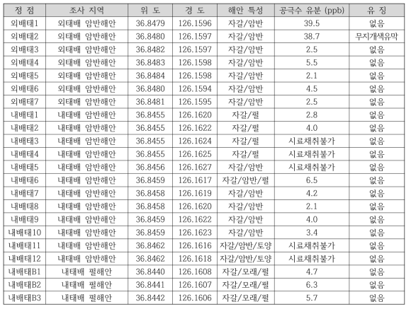 태배 지역 정밀조사 정점 및 잔존 유징 현황