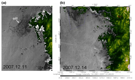 허베이스피리트호 원유 유출사고 발생 이후 인공위성 영상으로 확인된 해상의 사고유 확산경로. (a) 2007년 12월 11일에는 태안 앞바다에서 사고유가 남동방향의 안면도로 점차 확산되고 있음을 보여주고 있음. (b) 2007년 12월 14일에는 대부분의 사고유가 해상에서 이미 에멀젼(emulsion)화 되어 인공위성 SAR로 식별되지 않음. 위성영상제공: 프랑스 CEDRE