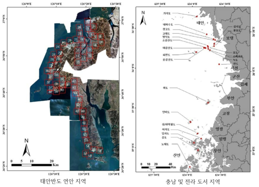 유징분포 조사지역(좌: 태안연안 58개 지역. 우: 충남, 전라도 27개 도서지역)