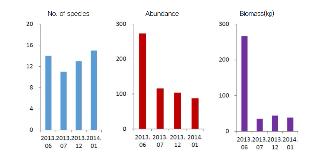 조사시기별 의항 연안에서 정치망(이각망)으로 채집한 어류의 종수, 개체수 및 생체량 비교(2013년 6월, 7월, 12월, 2014년 1월)