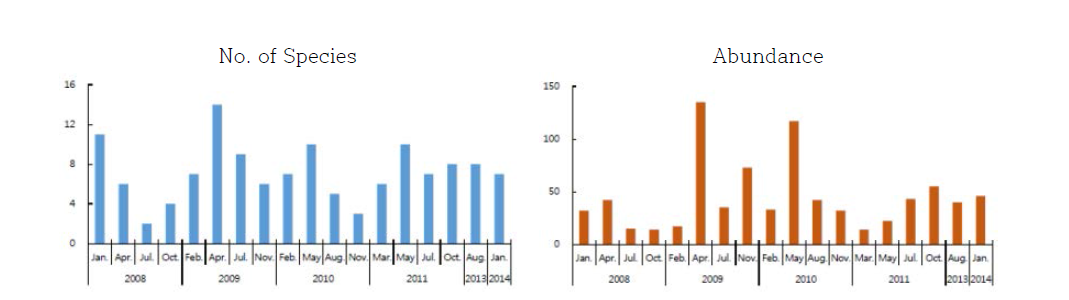 태안 연안에서 자망으로 채집한 어류의 출현종수와 개체수 변화