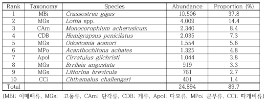 자연암반에서 개체수로 살펴본 우점종 10종