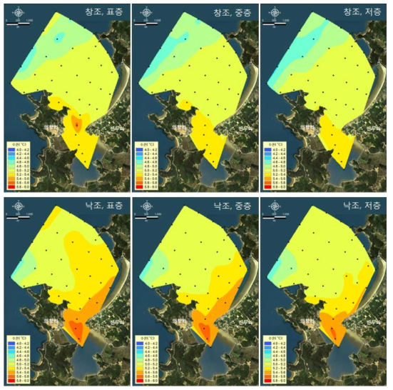창조 및 낙조에 따른 수온 공간분포(2014. 3. 19)