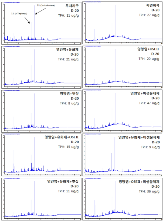 시간에 따른 정화기법 별 퇴적물 TPH 농도 변화(D+20)