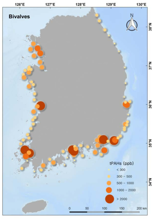전국 배경농도 조사: 이매패류 내 PAHs 농도 (2012-2014)