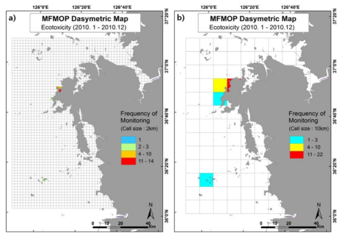 2010년도 생태독성 분야 모니터링 정점 수에 대한 공간밀도지도 ( a) 2x2 km, b) 10x10 km)